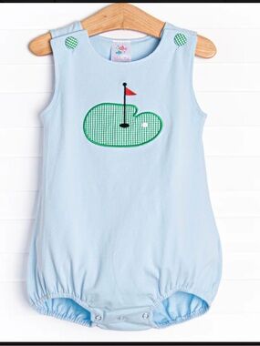Stitchy fish baby bubble romper blue golf hole covered buttons 24 months